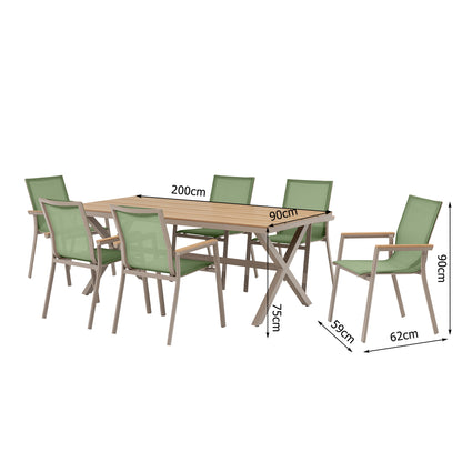 7-tlg. Dining Gruppe Meran Matcha / Aluminium kombiniert mit Nonwood Teak Look Elementen