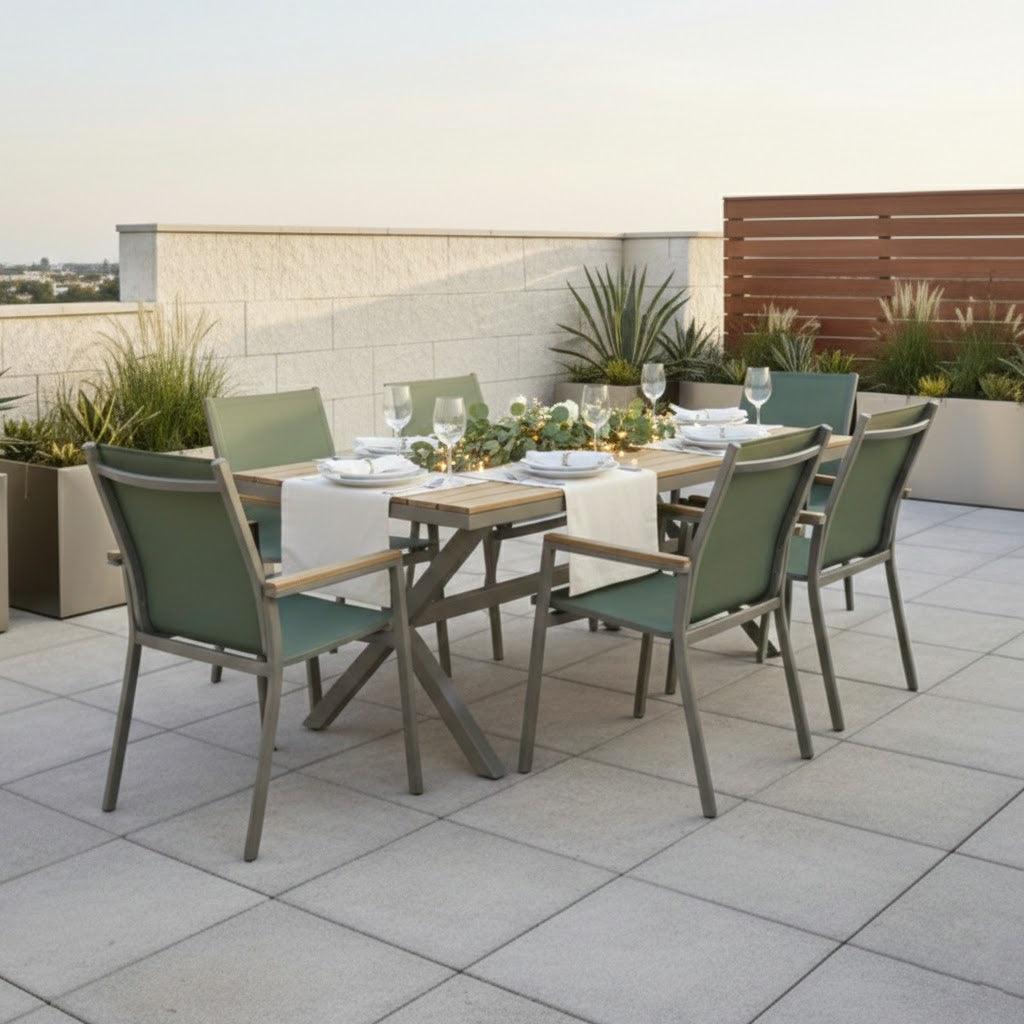 7-tlg. Dining Gruppe Meran Matcha / Aluminium kombiniert mit Nonwood Teak Look Elementen