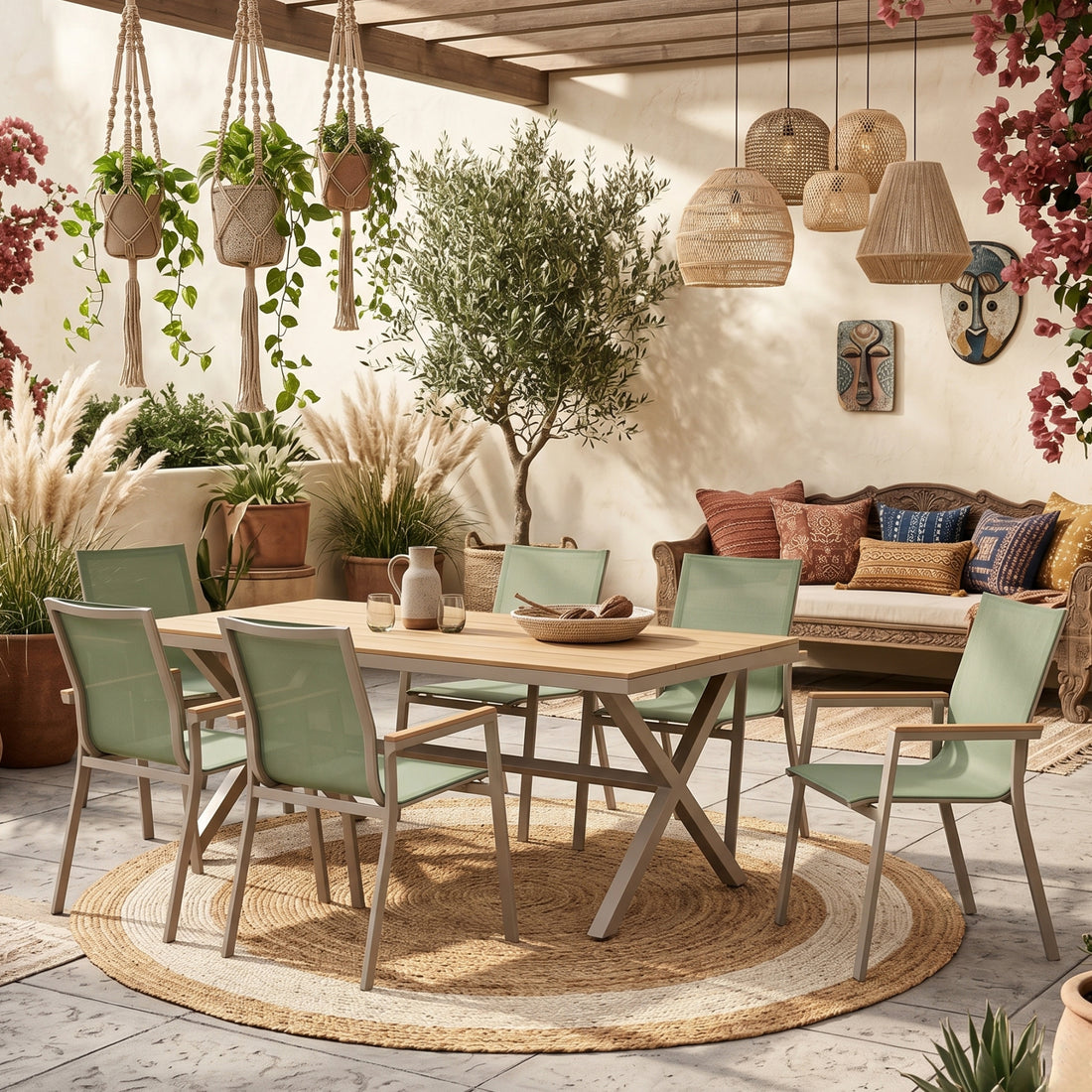 ☀️ Der Sommer kommt...!☀️ 7 tlg. Dining Gruppe Meran Matcha / Aluminium kombiniert mit Nonwood Teak Look Elementen