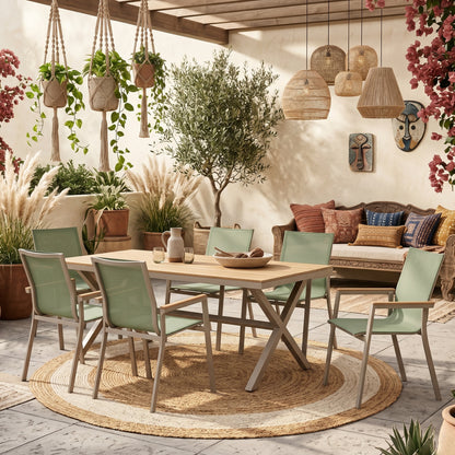☀️Summer Deal !☀️ 7 tlg. Dining Gruppe Meran Matcha / Aluminium kombiniert mit Nonwood Teak Look Elementen