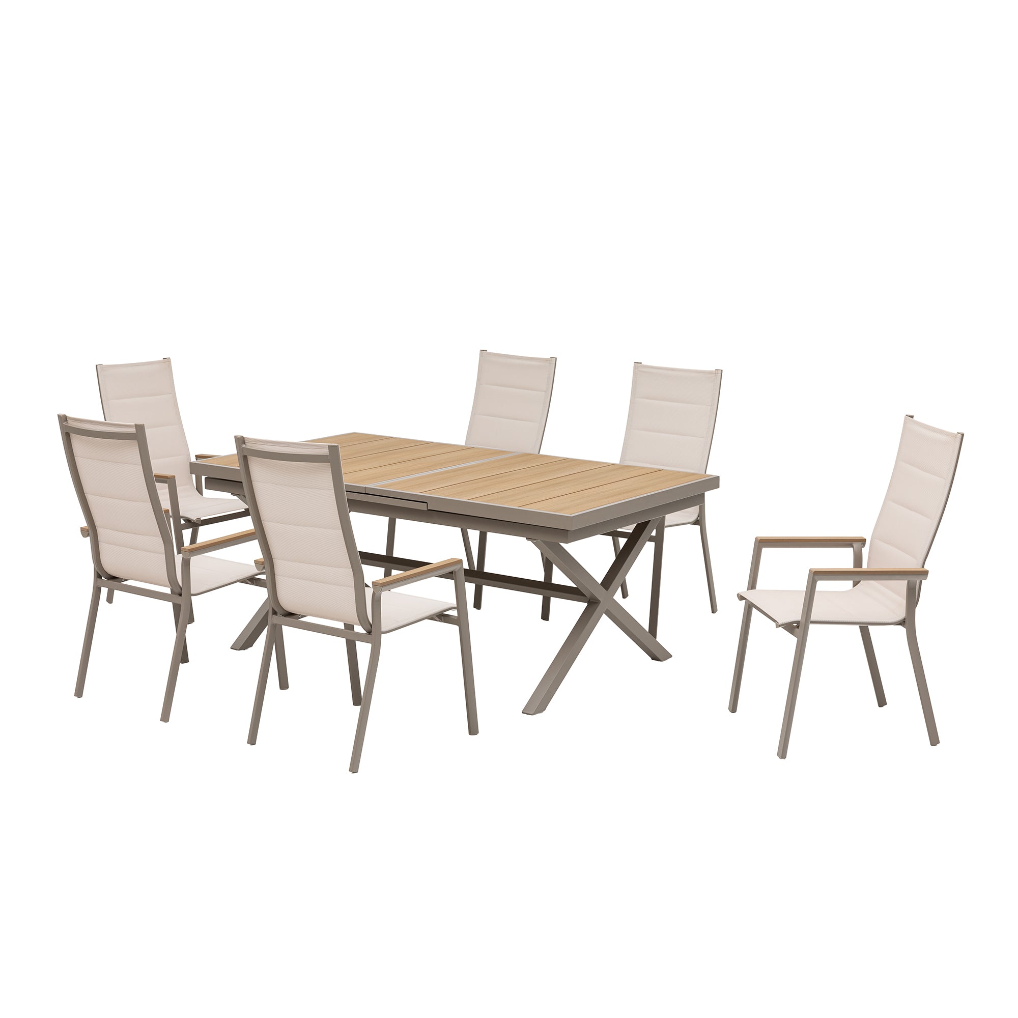 7-tlg. Dining Gruppe Meran XL natur / Aluminium kombiniert mit Nonwook - Teak Look Elementen