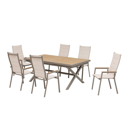 7-tlg. Dining Gruppe Meran XL natur / Aluminium kombiniert mit Nonwook - Teak Look Elementen