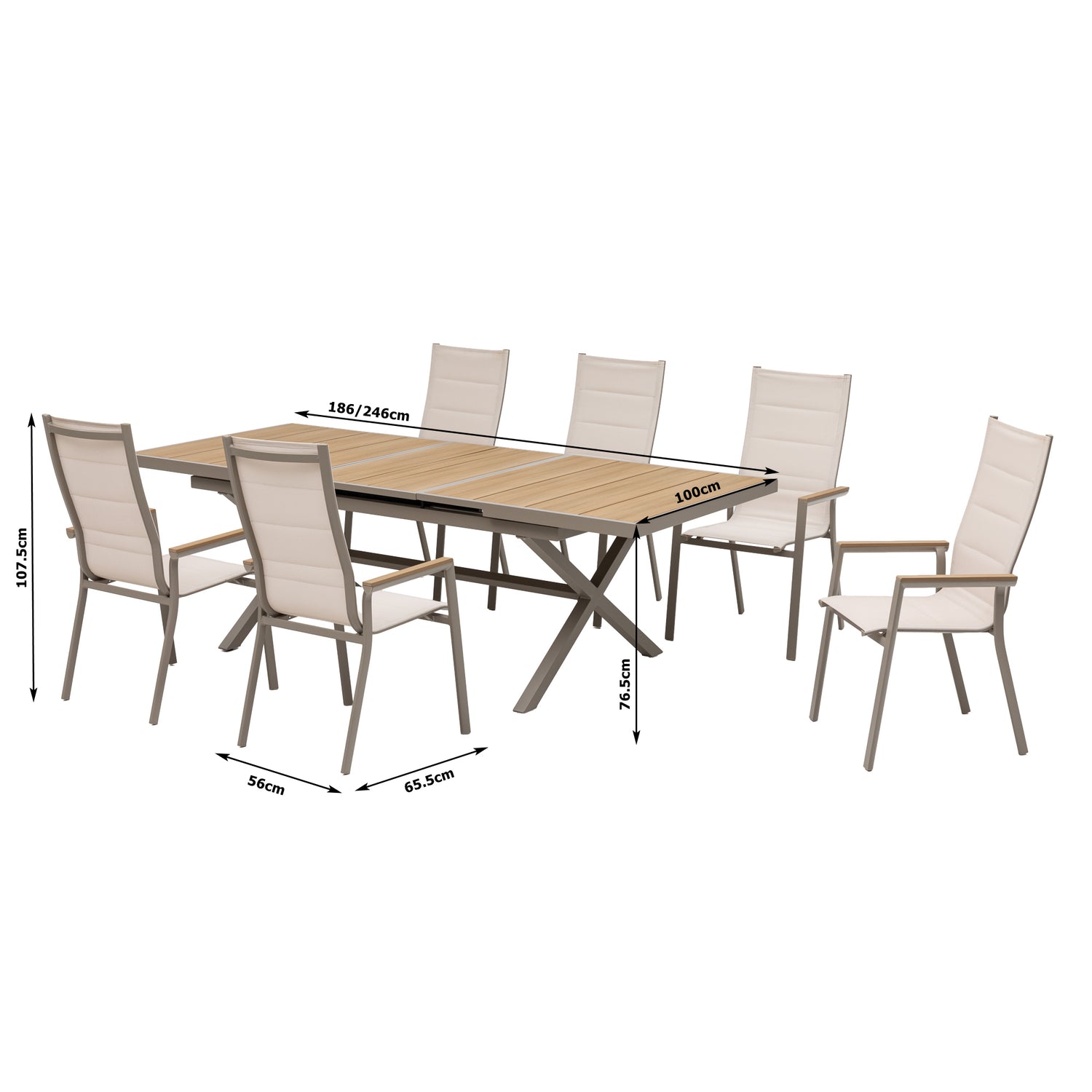 7-tlg. Dining Gruppe Meran XL natur / Aluminium kombiniert mit Nonwook - Teak Look Elementen