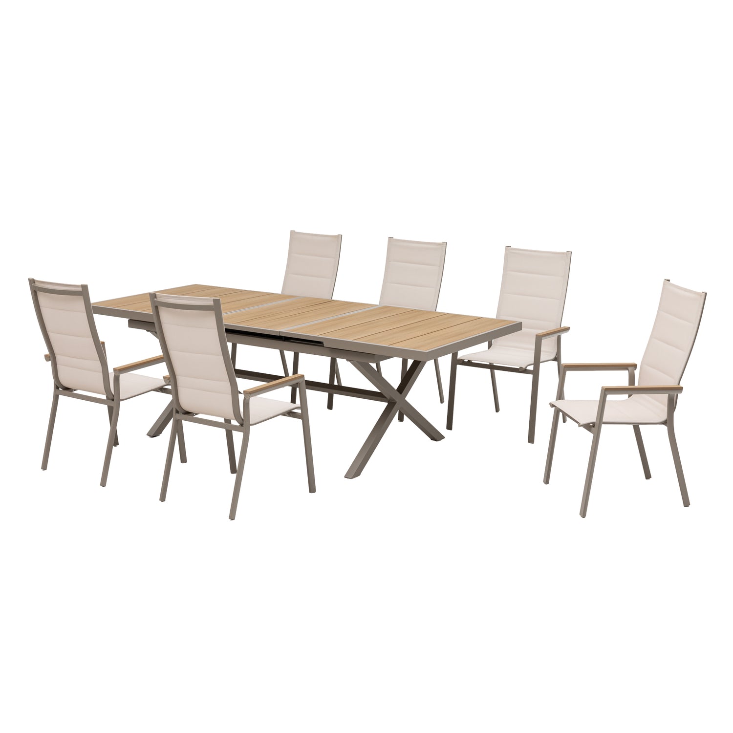 7-tlg. Dining Gruppe Meran XL natur / Aluminium kombiniert mit Nonwook - Teak Look Elementen