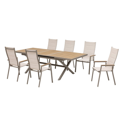 7-tlg. Dining Gruppe Meran XL natur / Aluminium kombiniert mit Nonwook - Teak Look Elementen