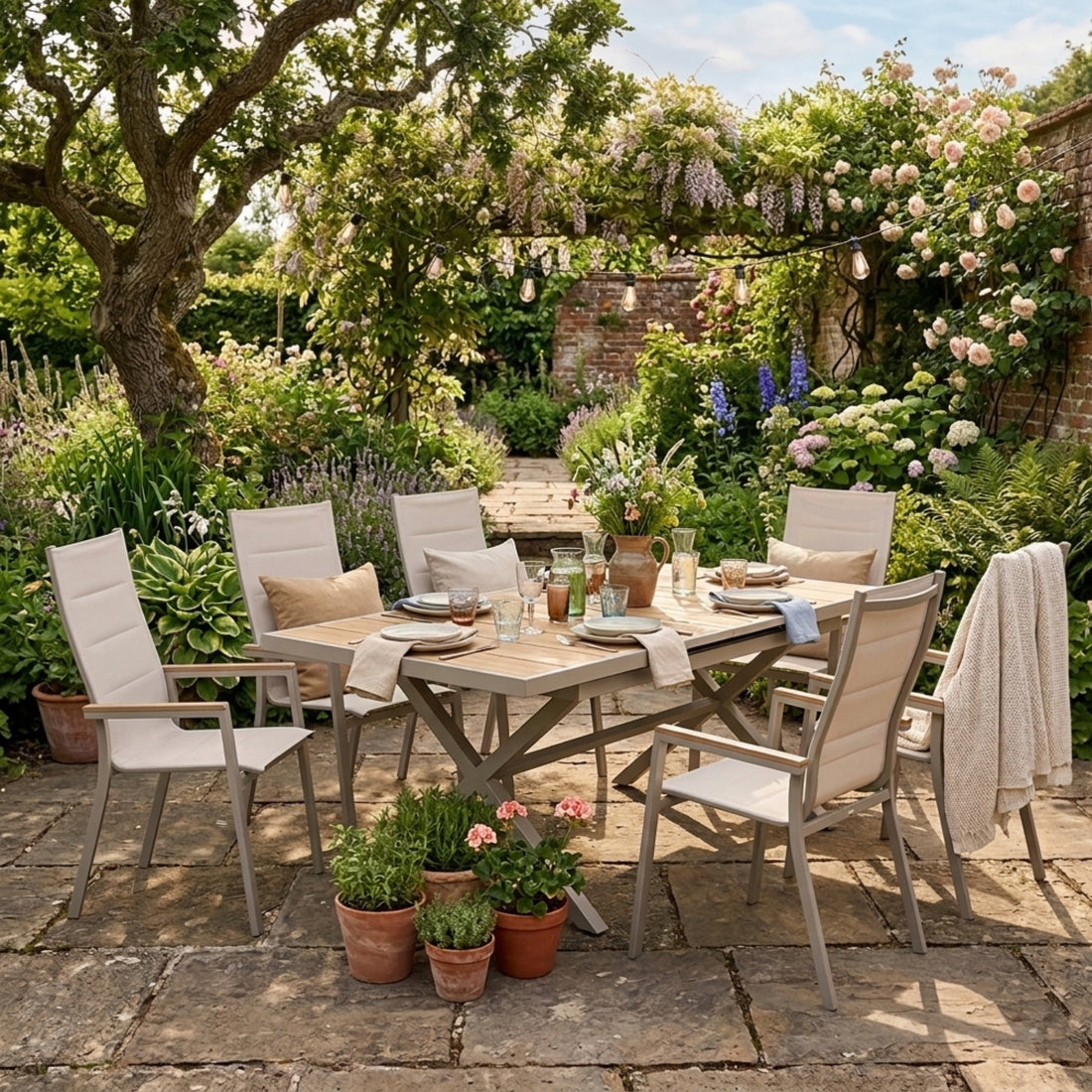 ☀️Summer Deal !☀️ 7-tlg. Dining Gruppe Meran XL Natur / Aluminium kombiniert mit Nonwood - Teak Look Elementen