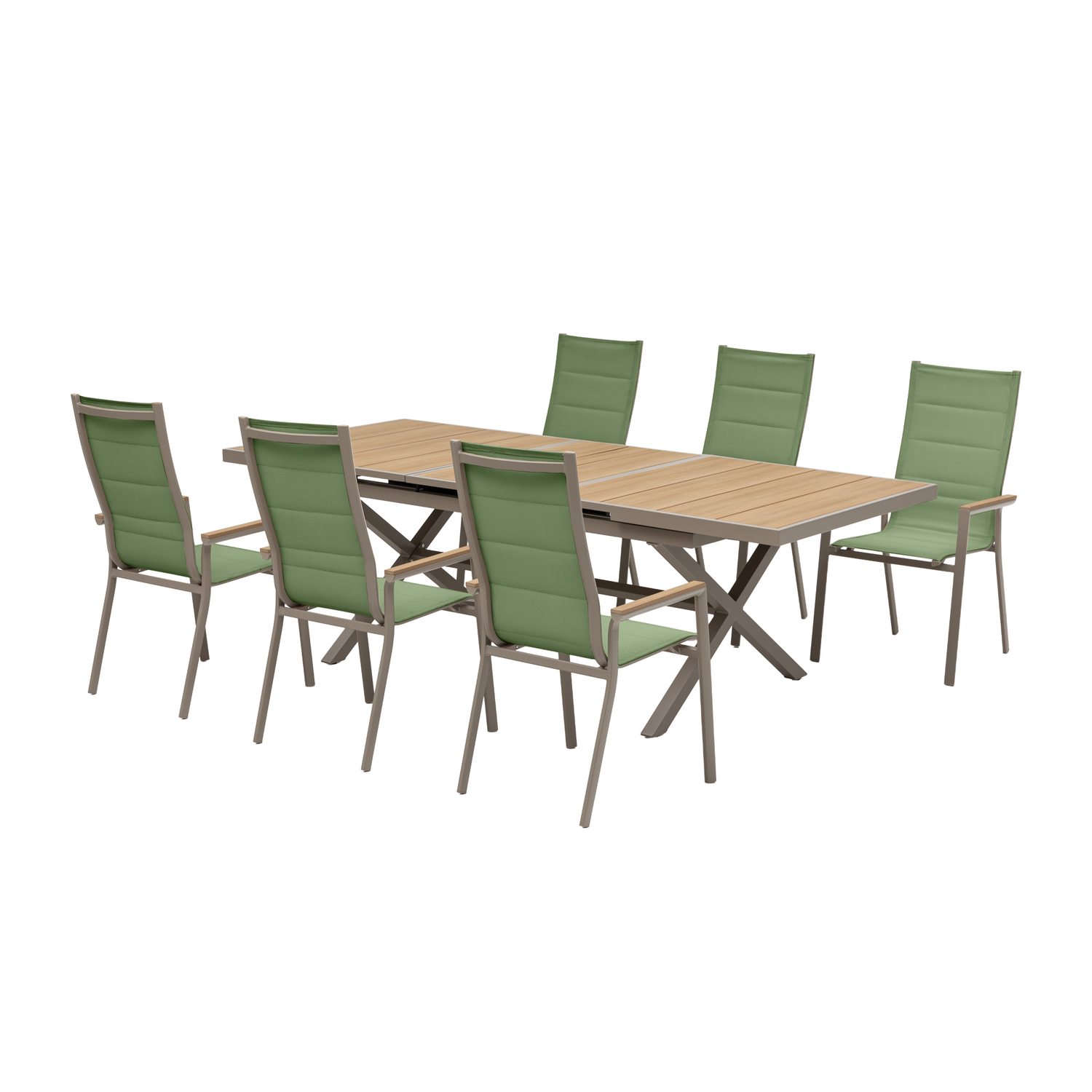 7-tlg. Dining Gruppe Meran XL Matcha / Aluminium kombiniert mit Nonwood Teak Look Elementen
