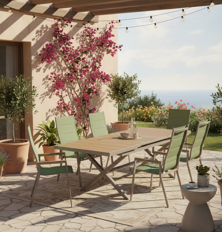 7-tlg. Dining Gruppe Meran XL Matcha / Aluminium kombiniert mit Nonwood Teak Look Elementen