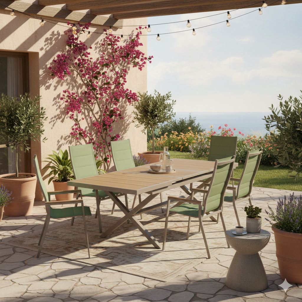 7-tlg. Dining Gruppe Meran XL Matcha / Aluminium kombiniert mit Nonwood Teak Look Elementen