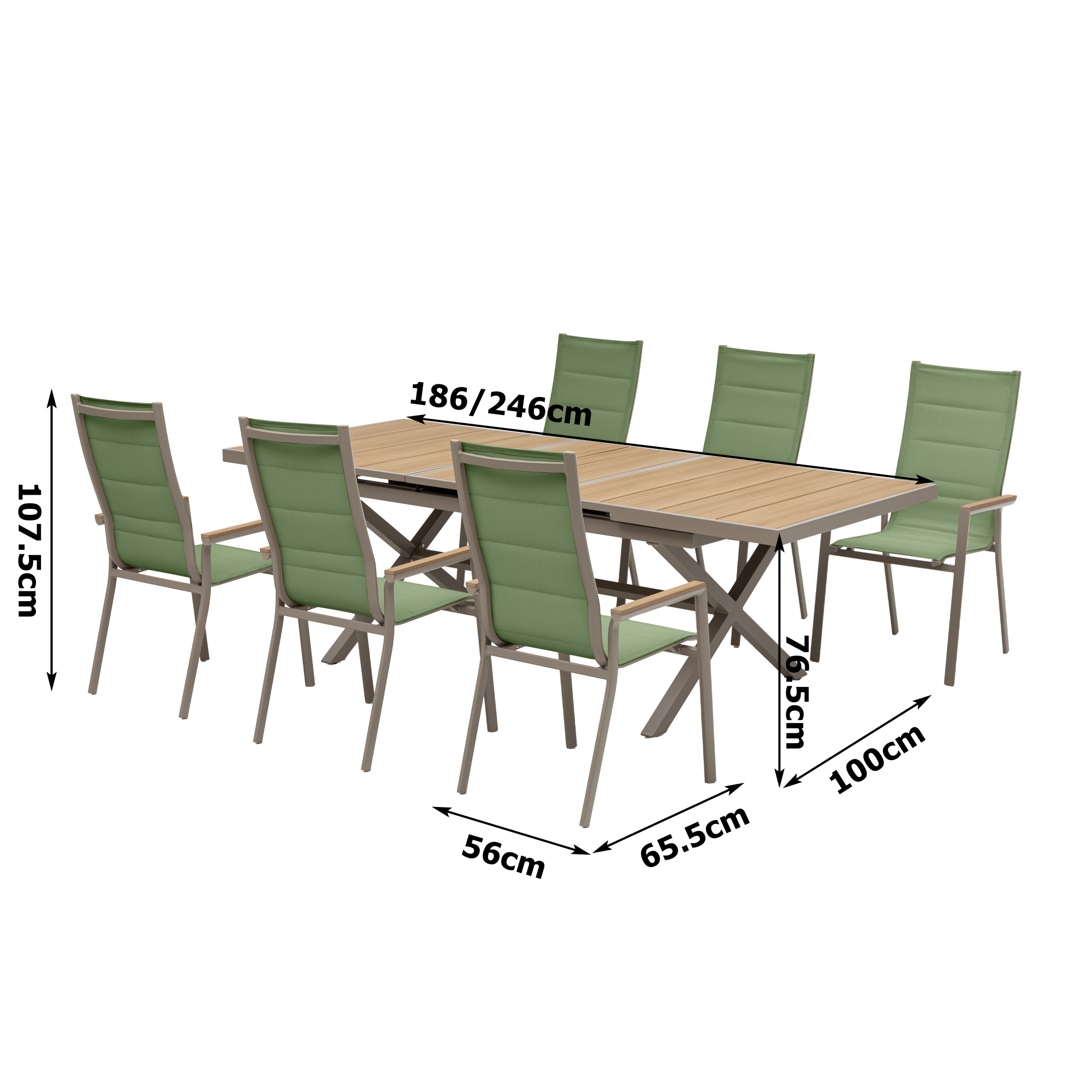 7-tlg. Dining Gruppe Meran XL Matcha / Aluminium kombiniert mit Nonwood Teak Look Elementen