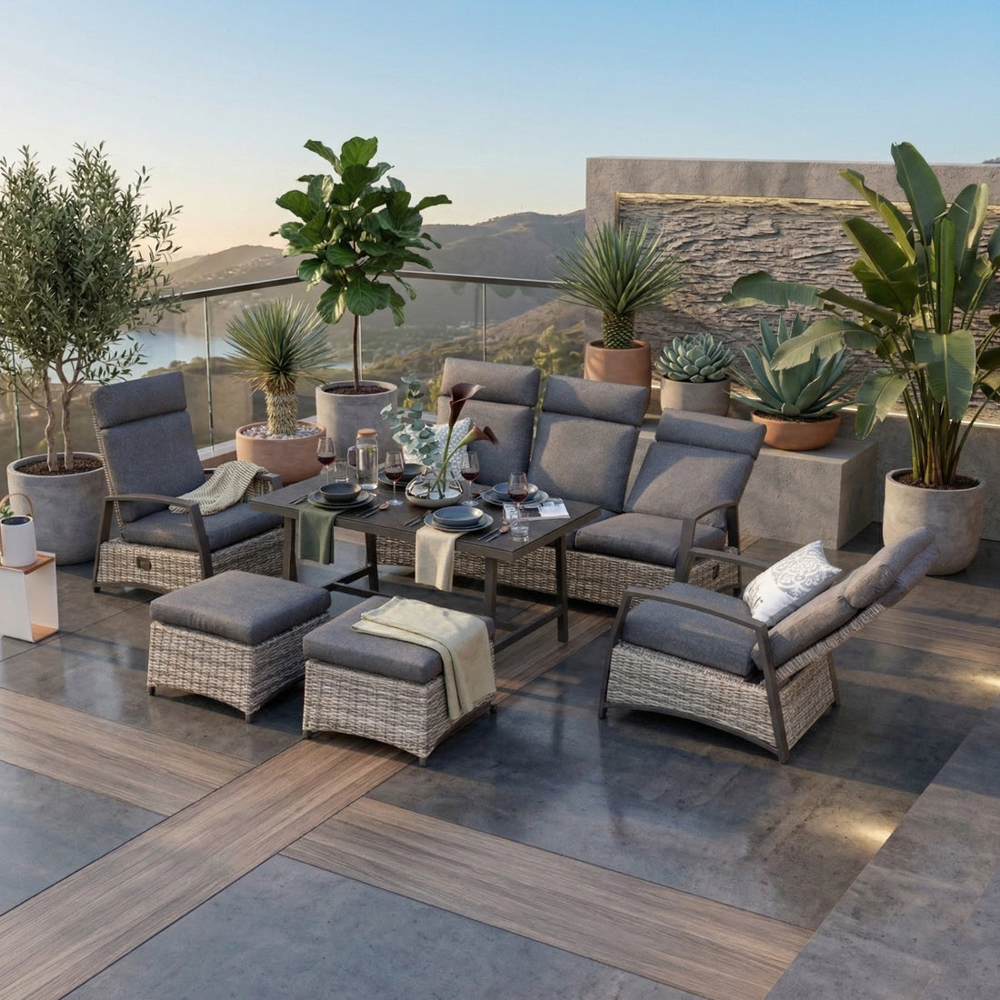 🔥 Deal of the Week 🔥 Aluminium / Polyrattan Dining Lounge Set Corvara alle Rücken verstellbar inkl. 2x Hocker