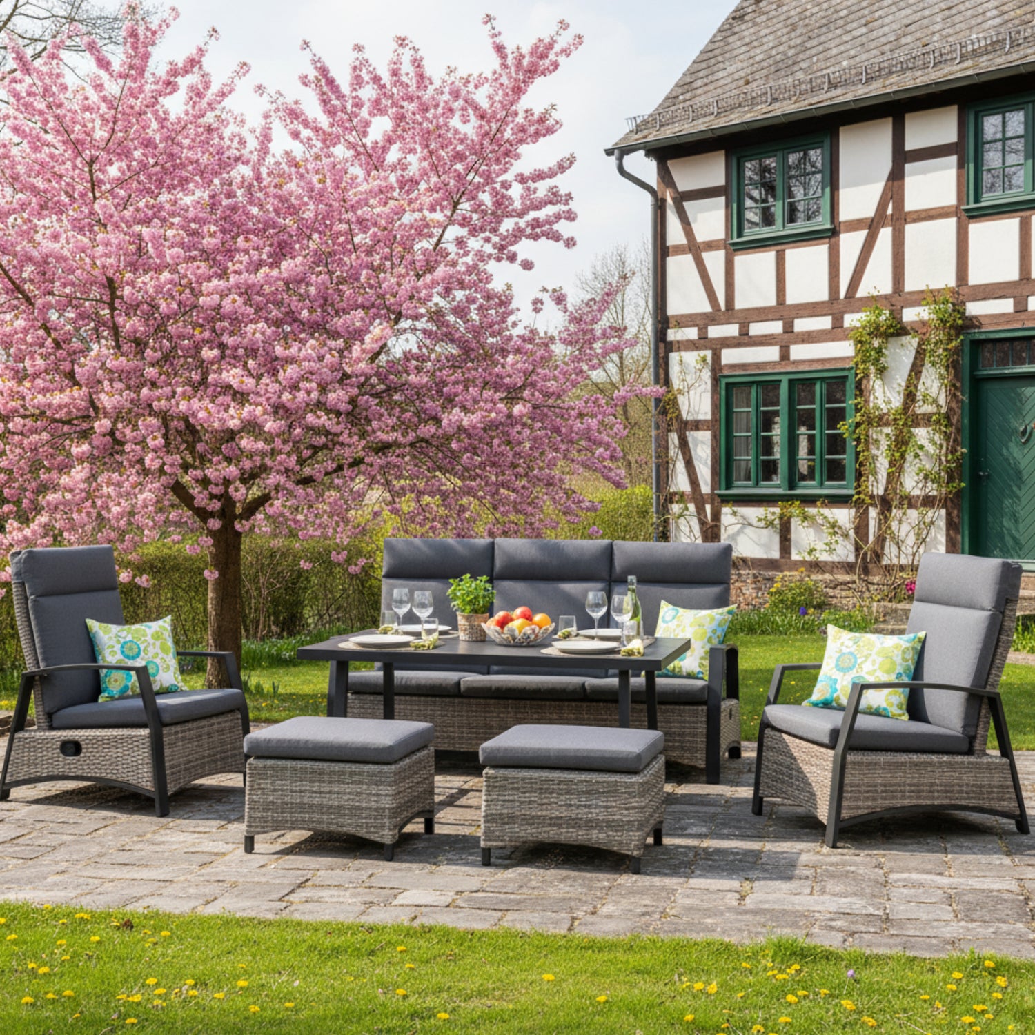 Aluminium / Polyrattan Dining Lounge Set Corvara Rückenverstellbar inkl. Hocker