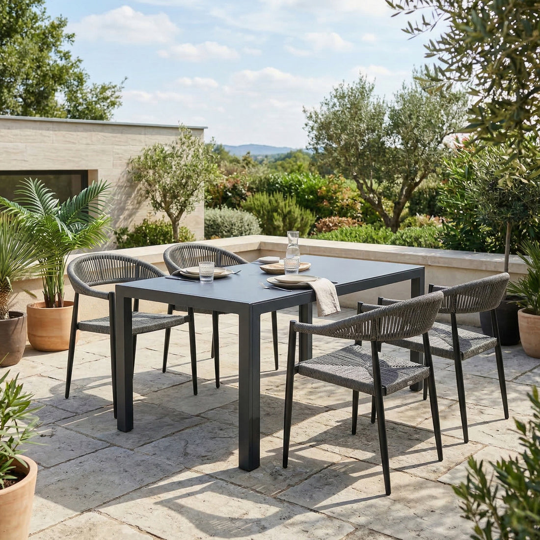 ☀️Summer Deal !☀️ 5 tlg. Alu / Polyrope Cord Essgruppe Luis grau + Luna - bestehend aus: 4x Luis Stapelsessel + Luna Tisch 150x80x74 cm