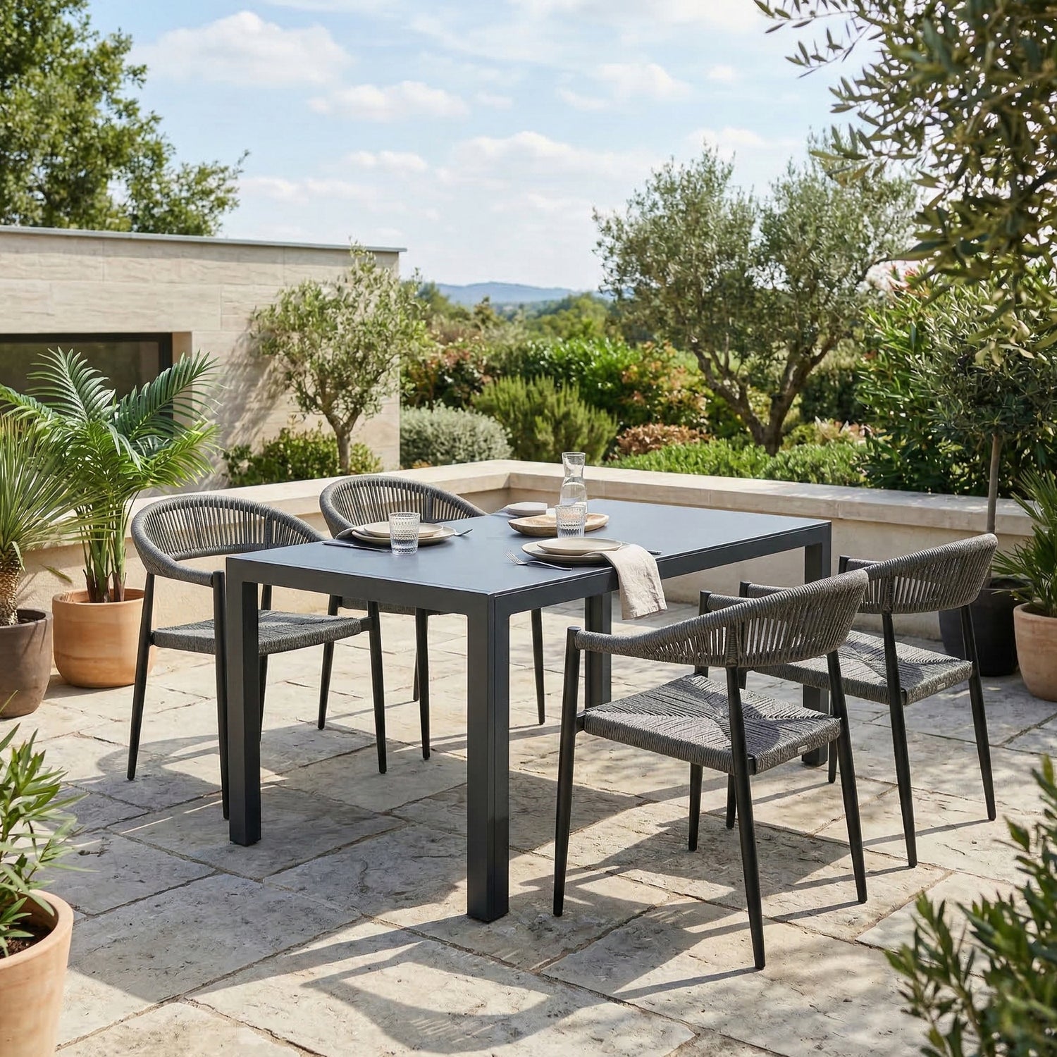 ☀️Summer Deal !☀️ 5 tlg. Alu / Polyrope Cord Essgruppe Luis grau + Luna - bestehend aus: 4x Luis Stapelsessel + Luna Tisch 150x80x74 cm