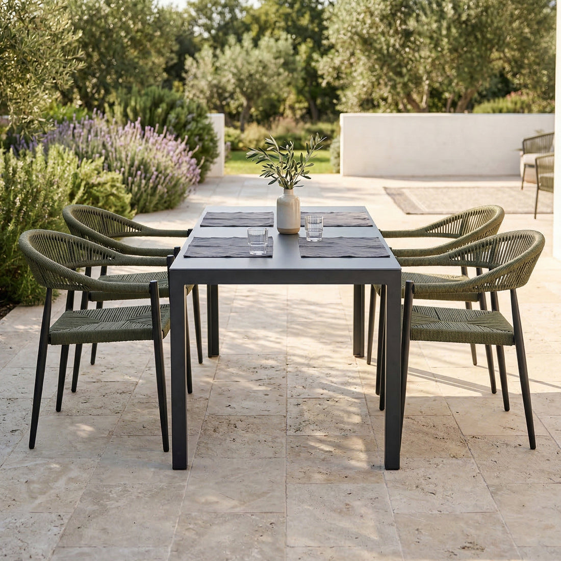 *FRÜHLINGS-ANGEBOT* 5 tlg. Alu / Polyrope Cord Essgruppe Luis grün + Luna - bestehend aus: 4x Luis Stapelsessel + Luna Tisch 150x80x74 cm