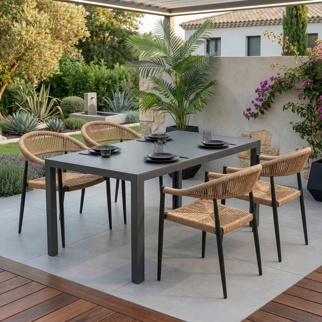 ☀️Summer Deal !☀️ 5 tlg. Alu / Polyrope Cord Essgruppe Luis natur + Luna - bestehend aus: 4x Luis Stapelsessel + Luna Tisch 150x80x74 cm