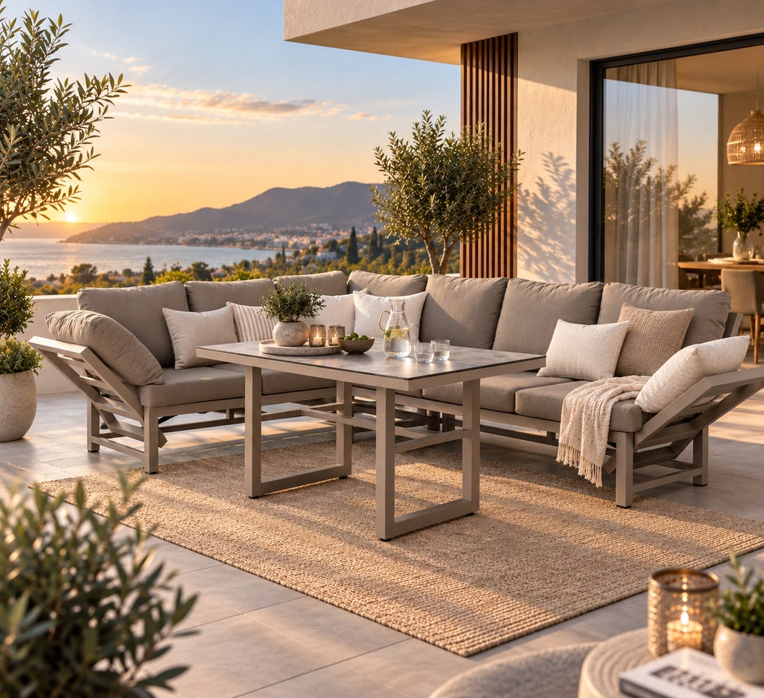 Outdoor Dining Lounge Set Dune 100% wetterfest LIKA-TEX® Bezug in Sand / de luxe Liegefunktion