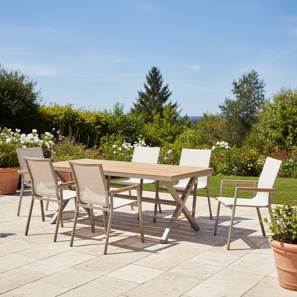 7 tlg. Essgruppe Meran natur / Aluminium kombiniert mit Nonwood Teak Look Elementen