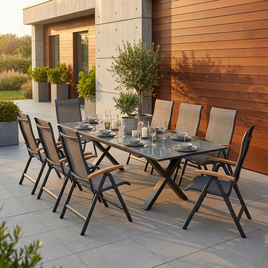 PURE ELEGANCE! Dakar &amp; Arona – 8 Klappsessel XL und 1  Exklusiv Ausziehtisch in Anthrazit