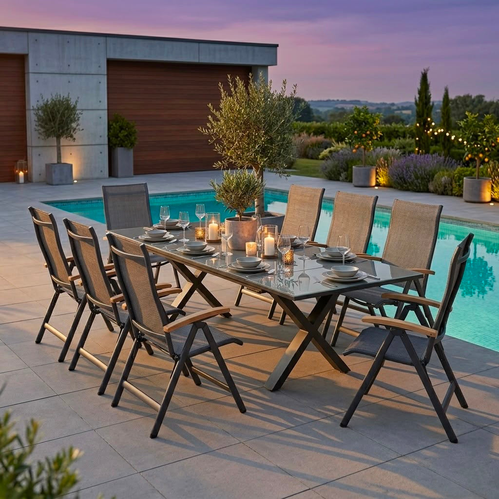 PURE ELEGANCE! Dakar &amp; Arona – 8 Klappsessel XL und 1  Exklusiv Ausziehtisch in Anthrazit