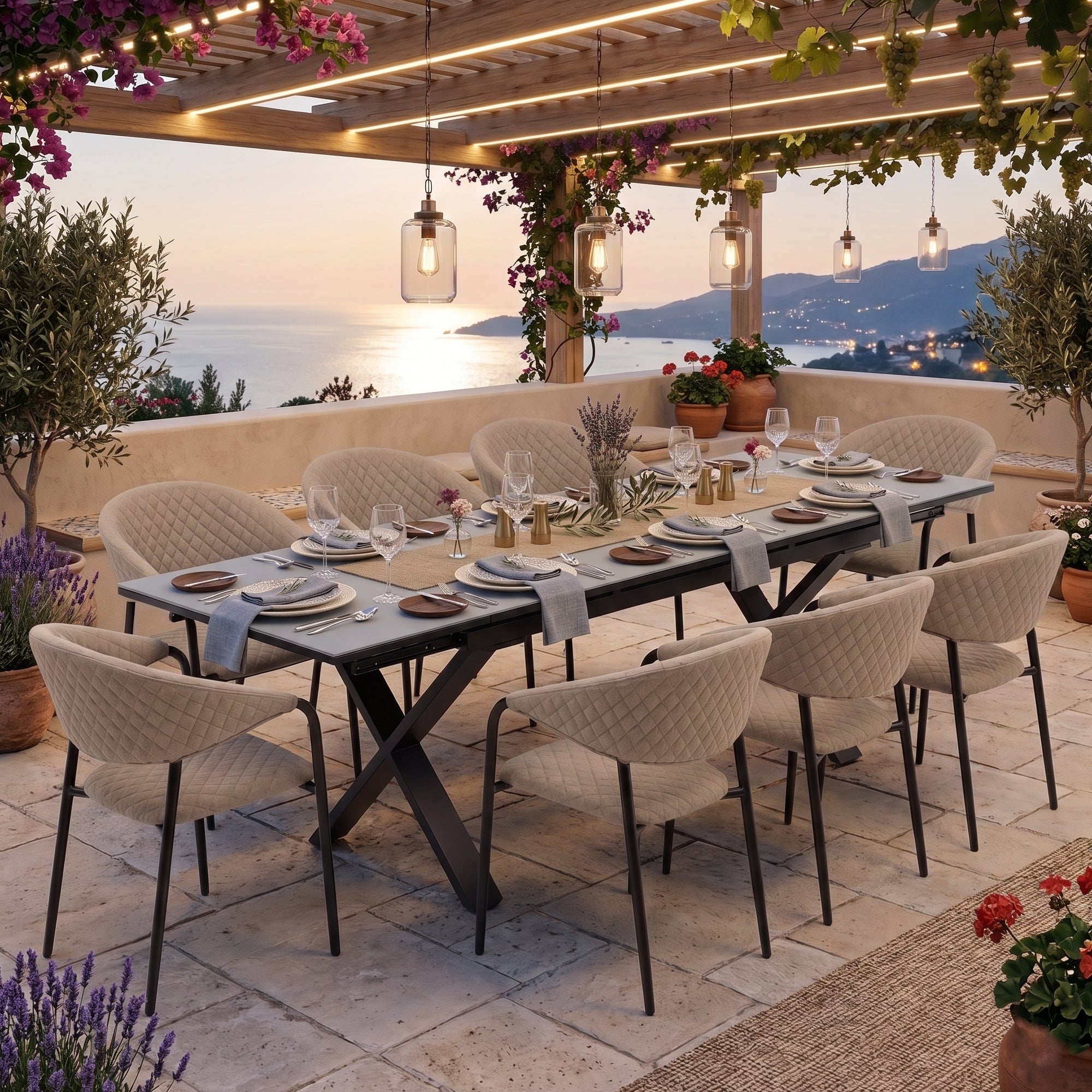 LUXUS PUR! Puro &amp; Arona – Das Gartenmöbel Set 8 LIKA-TEX® Stapelsessel und 1 Exklusiv Ausziehtisch