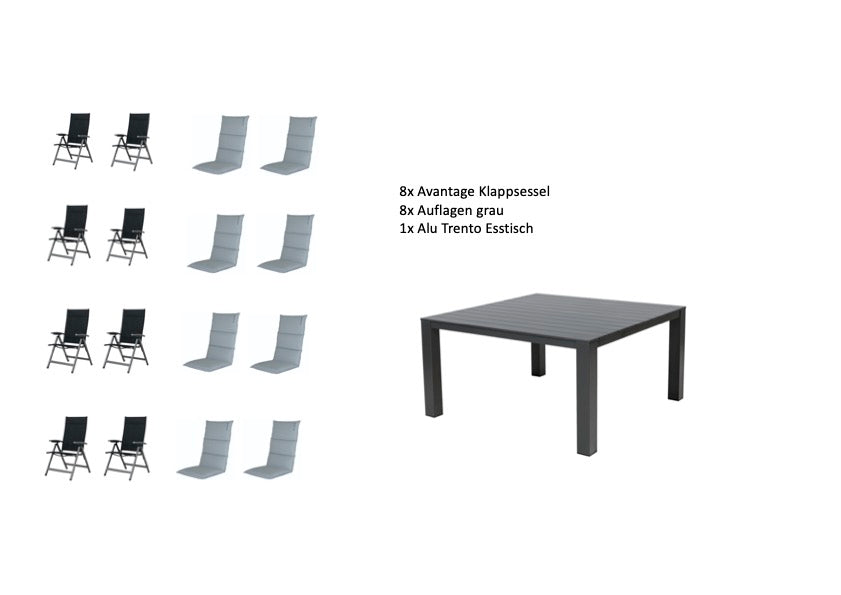 9 tlg. Aluminium Dining Set Trento mit Avantage Klappsessel in Black Moon inkl. Auflagen