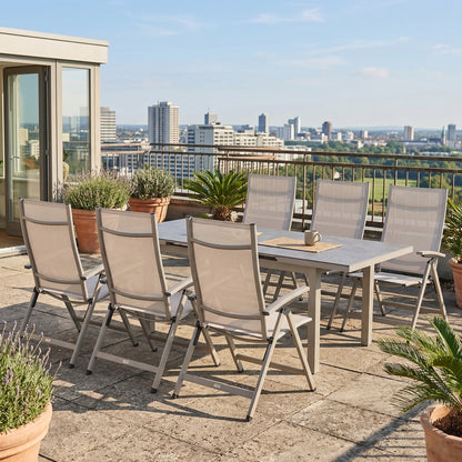 7 tlg. Aluminium Essgruppe Ausziehtisch Madri + Avantage, bestehend aus: Ausziehtisch Madri + 6x Klappsessel Avantage creme beige / moon