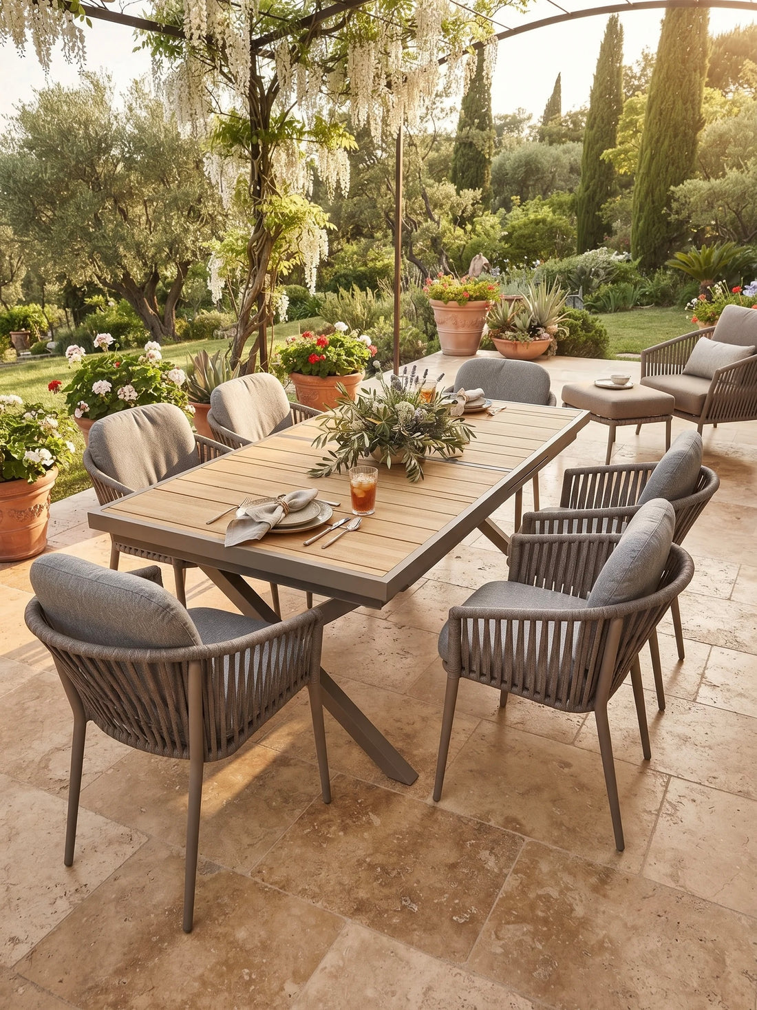 SUMMER SALE ☀️⛱️🏝️      IM TREND! 13-teiliges Outdoor Dining Set Meran / 6x Sessel inkl. 6x Sitzpolster &amp; 1x Ausziehtisch