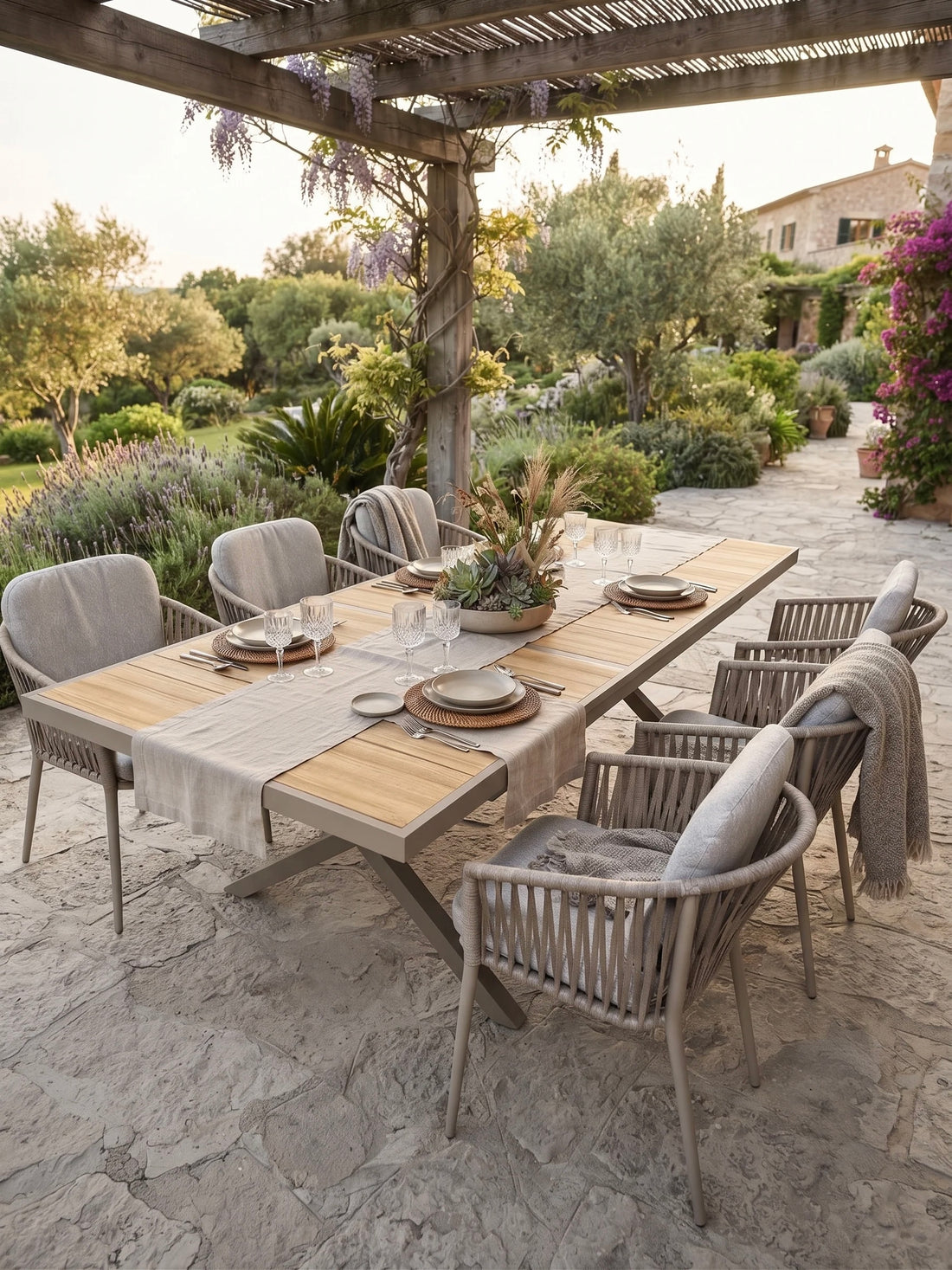 SUMMER SALE ☀️⛱️🏝️ IM TREND! 13-teiliges Outdoor Dining Set Meran / 6x Sessel inkl. 6x Sitzpolster & 1x Ausziehtisch