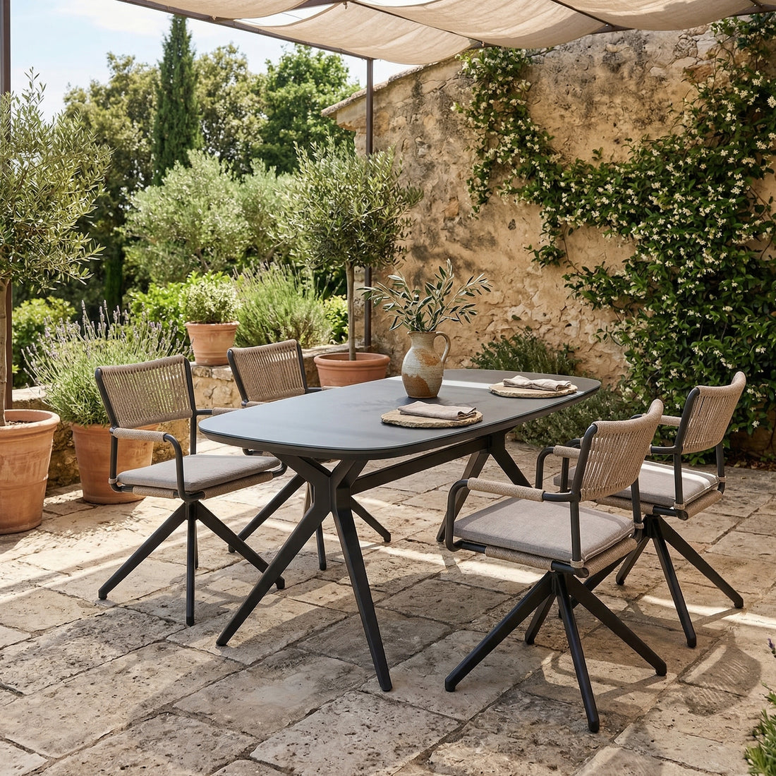 PREMIUM! Essgruppe CORDA Drehsessel & AURORA Nero Design Tisch 160cm