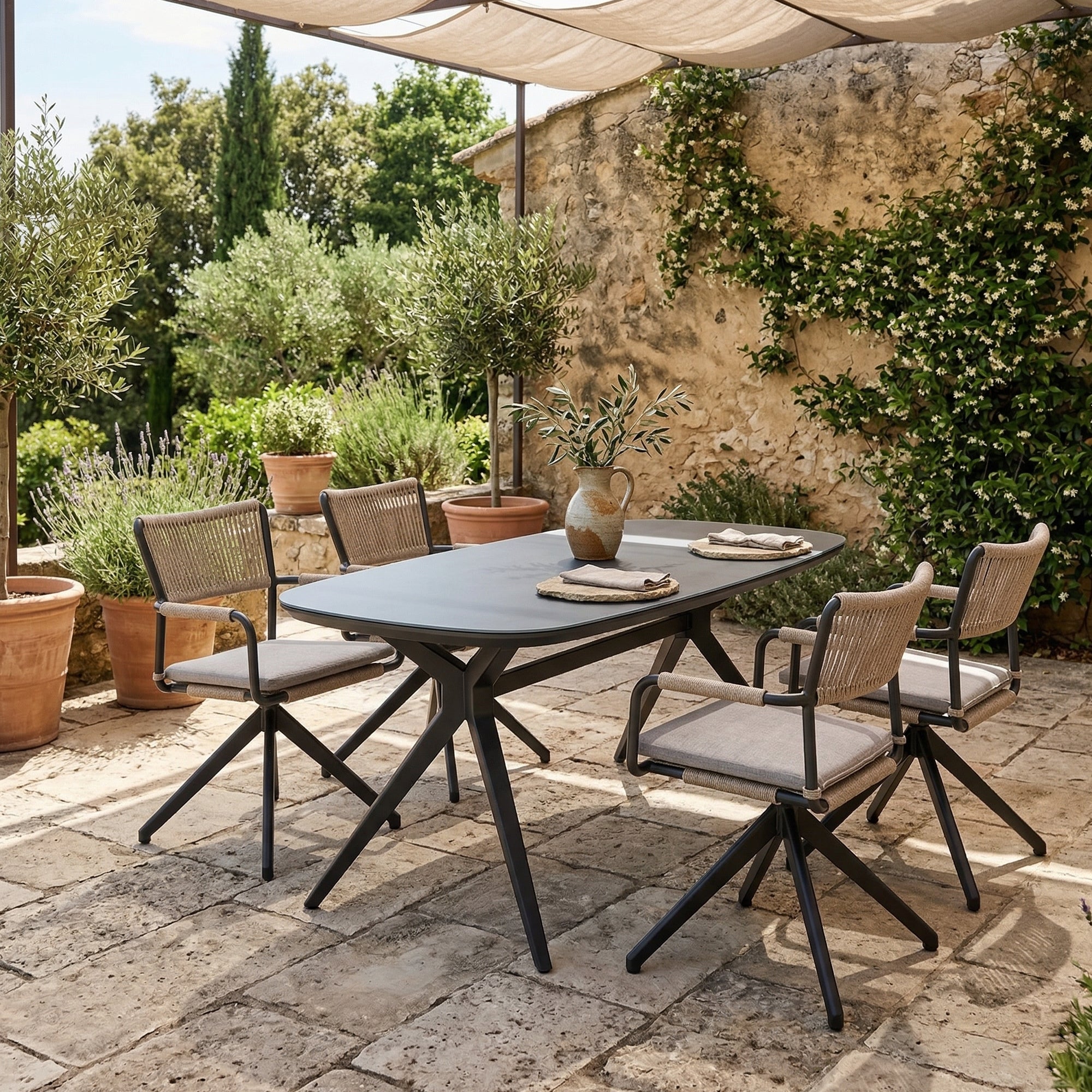 PREMIUM! Essgruppe CORDA Drehsessel &amp; AURORA Nero Design Tisch 160cm