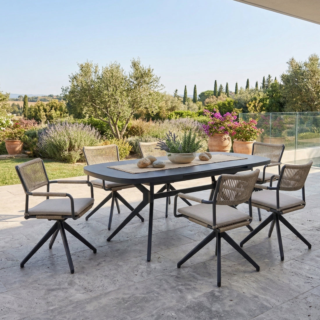PREMIUM! Essgruppe CORDA Drehsessel & AURORA Nero Design Ausziehtisch