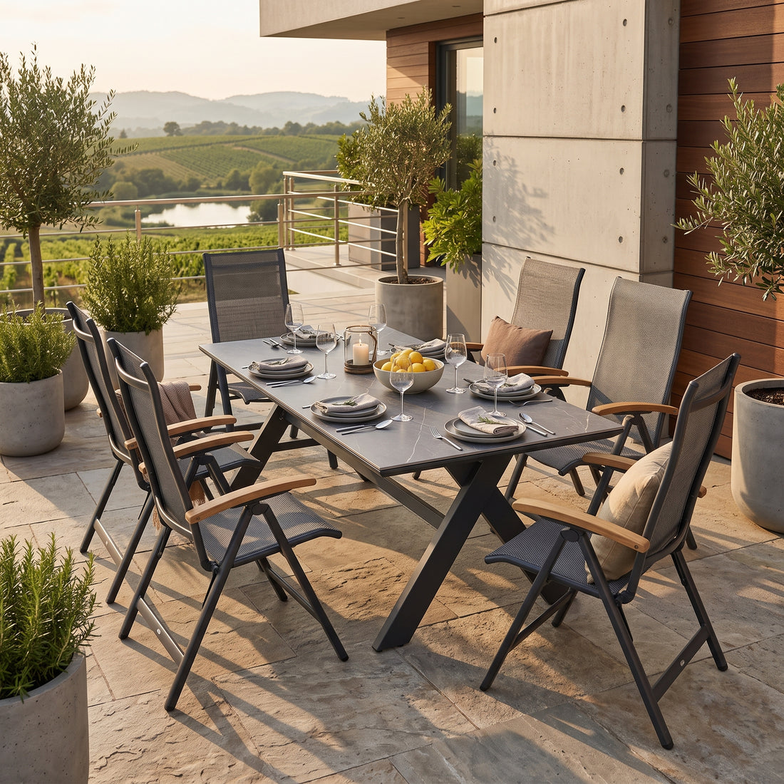 Premium Gartenmöbel-Set „Avantage & Dakar“ – Aluminium Dining Tisch 210 x 100 cm mit 6 Klappsesseln