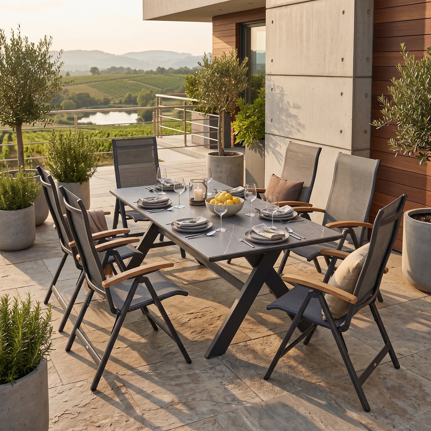 Premium Gartenmöbel-Set „Avantage &amp; Dakar“ – Aluminium Dining Tisch 210 x 100 cm mit 6 Klappsesseln