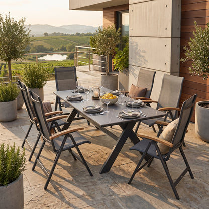 Premium Gartenmöbel-Set „Avantage &amp; Dakar“ – Aluminium Dining Tisch 210 x 100 cm mit 6 Klappsesseln