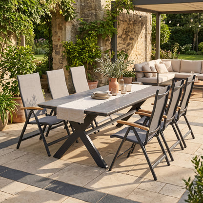 Premium XL Gartenmöbel-Set „Avantage &amp; Dakar“ – Aluminium Dining Tisch 240 x 100 cm mit 6 Klappsesseln