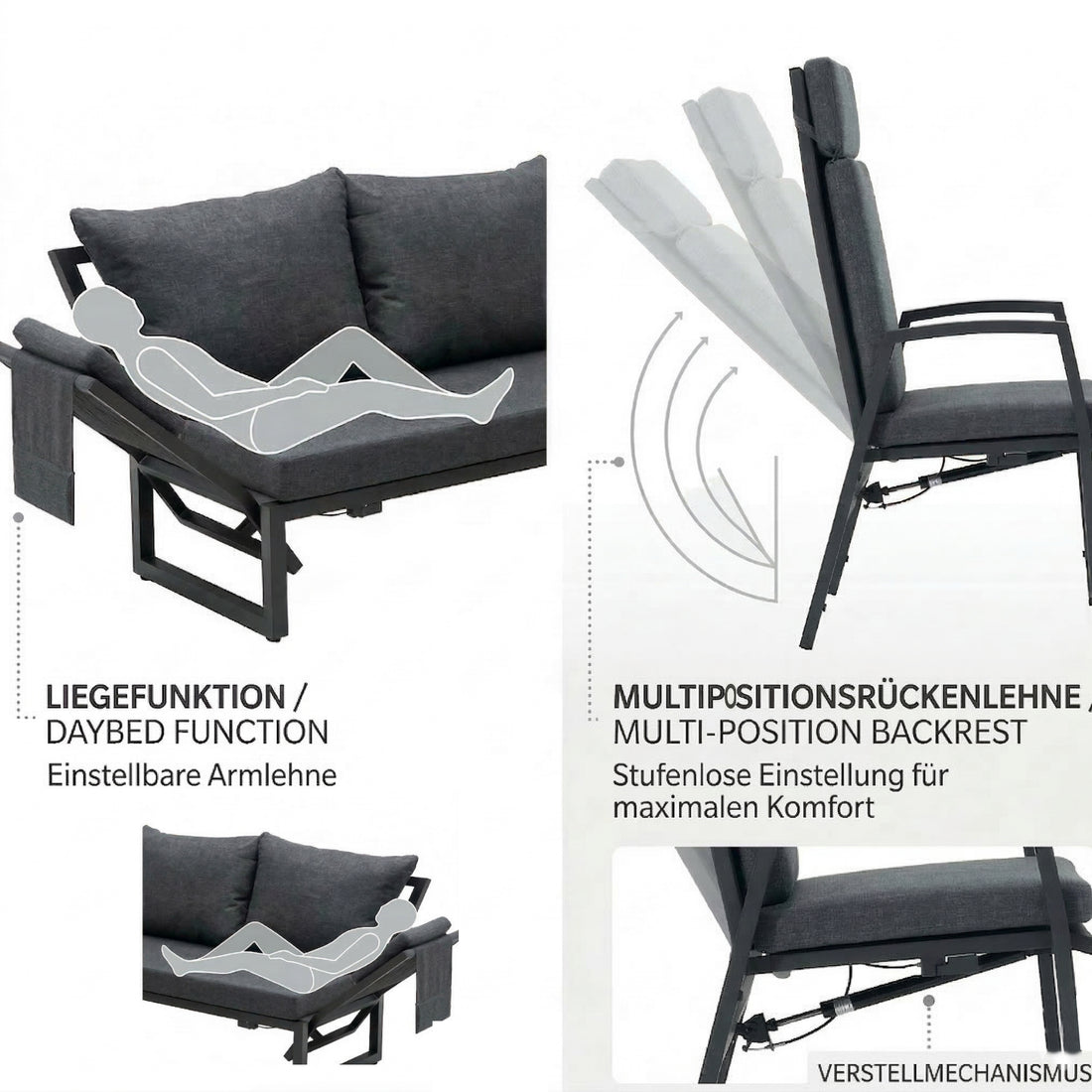 🌼FRÜHLINGS-ANGEBOT🌼  MADRI NERO SET UND 2 x ARCTIC MOVE SESSEL -Alu / Polyrope Cord Dining Ecklounge Set Madri Nero Deluxe 3in1 Funktion variabel stellbar absenkbare Armlehnen