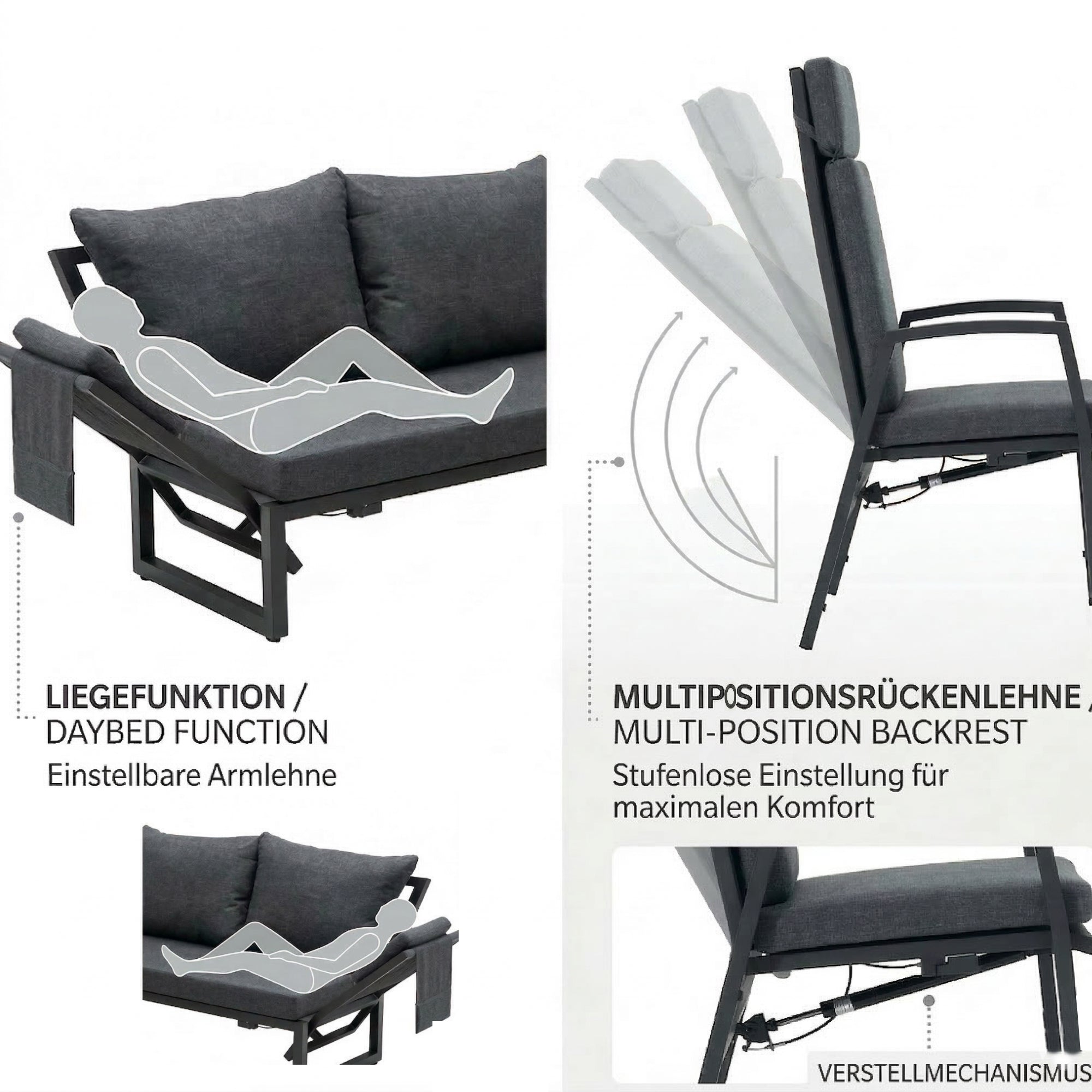 🌼FRÜHLINGS-ANGEBOT🌼  MADRI NERO SET UND 2 x ARCTIC MOVE SESSEL -Alu / Polyrope Cord Dining Ecklounge Set Madri Nero Deluxe 3in1 Funktion variabel stellbar absenkbare Armlehnen