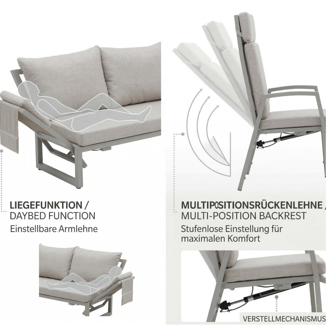 🌼FRÜHLINGS-ANGEBOT🌼 MADRI SET UND 2 x ARCTIC MOVE SESSEL - Alu / Polyrope Cord Dining Ecklounge Set Madri Deluxe 3in1 Funktion variabel stellbar absenkbare Armlehnen