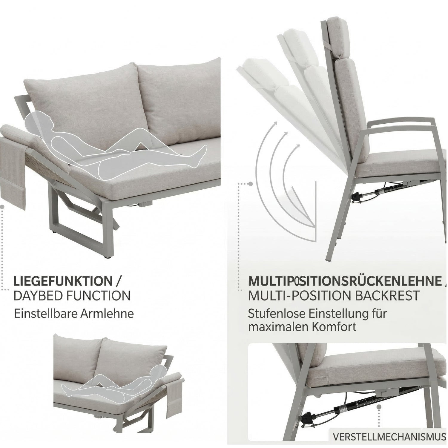 MADRI SET UND 2 x ARCTIC MOVE SESSEL - Alu / Polyrope Cord Dining Ecklounge Set Madri Deluxe 3in1 Funktion variabel stellbar absenkbare Armlehnen