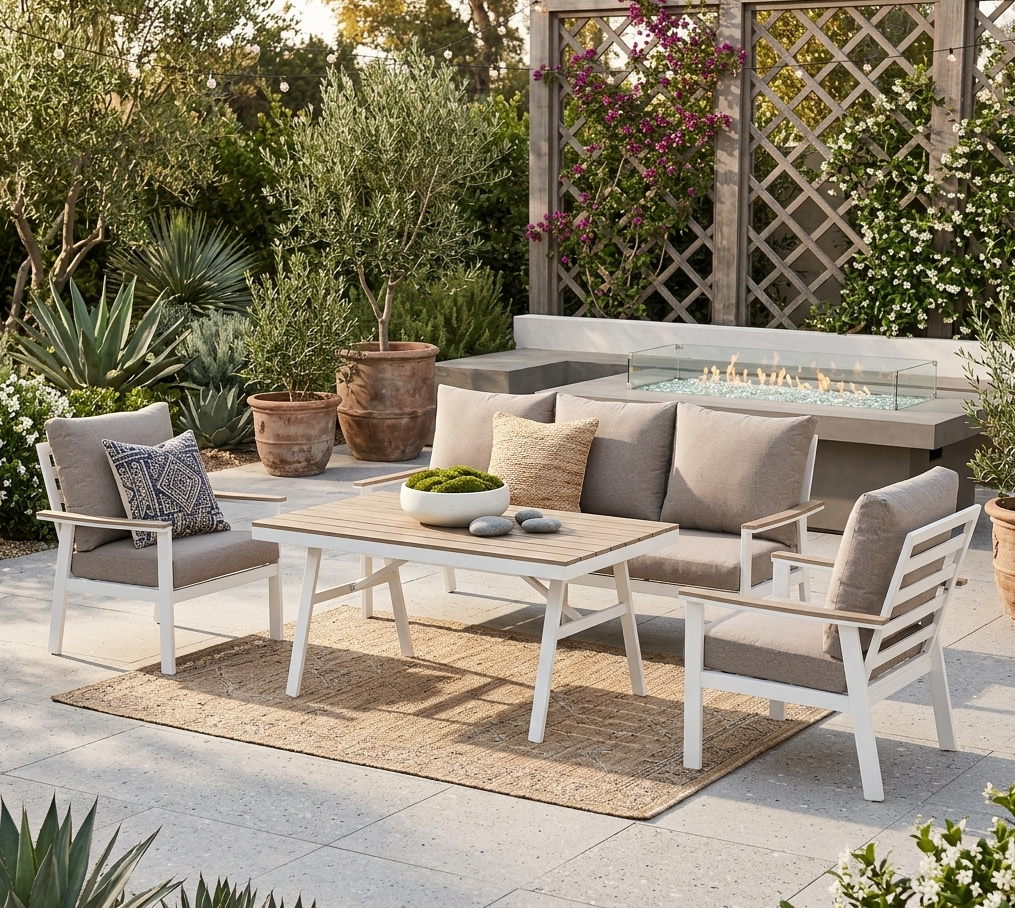 *FRÜHJAHRS-ANGEBOT* Aluminium / Nonwood Dining Lounge Set Isla weiß/natur - extra hoher Rücken