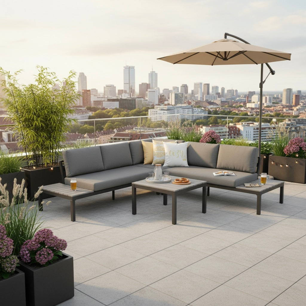 Moderne Eck - Lounge aus Aluminium & Non-Wood "MIRO" Wetterfest inkl. Olefin Auflagen