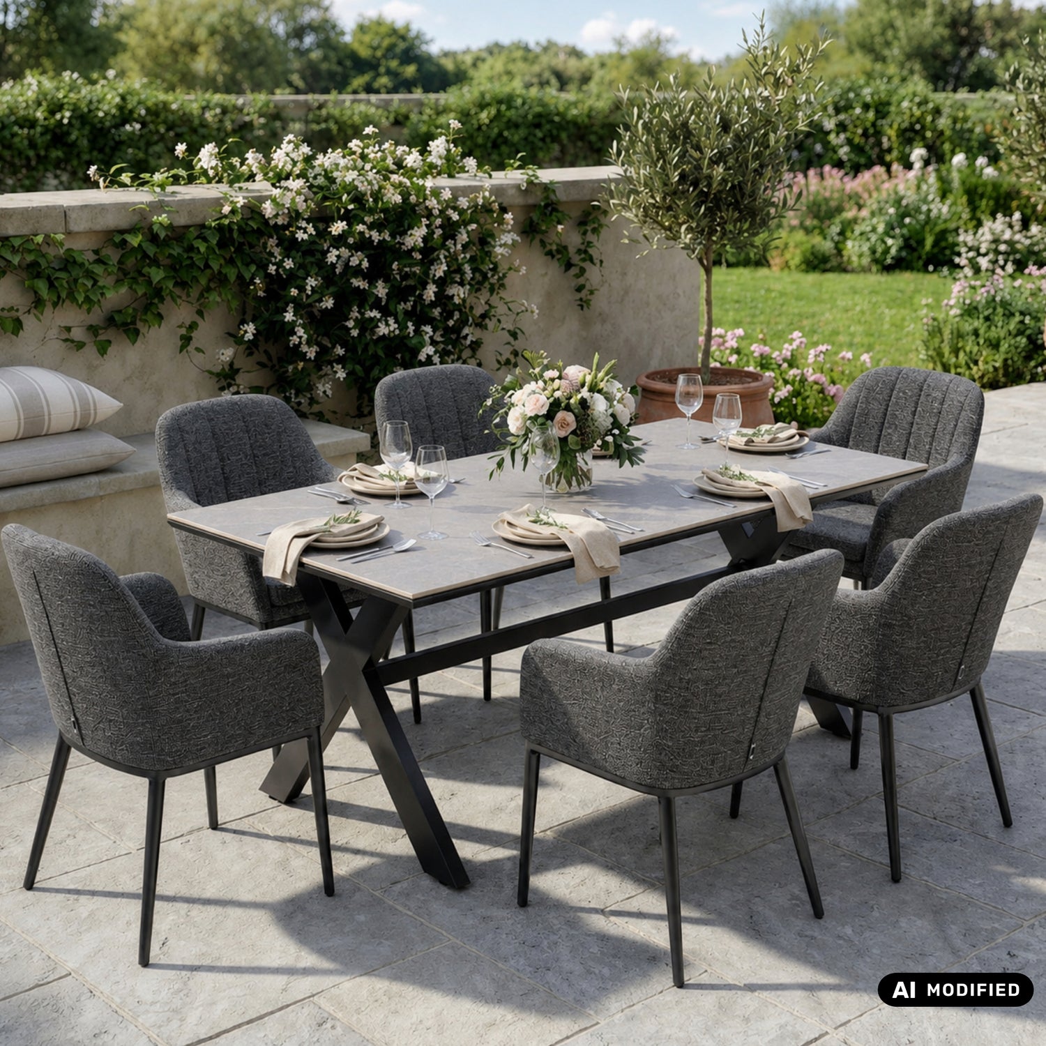 OUTDOOR DINING MIT WOHNZIMMERGEFÜHL! VELUVÉ by LIKA-TEX® Dining Set HERITAGE &amp; AVANTAGE – 6 Sessel + Sintered-Stone Tisch