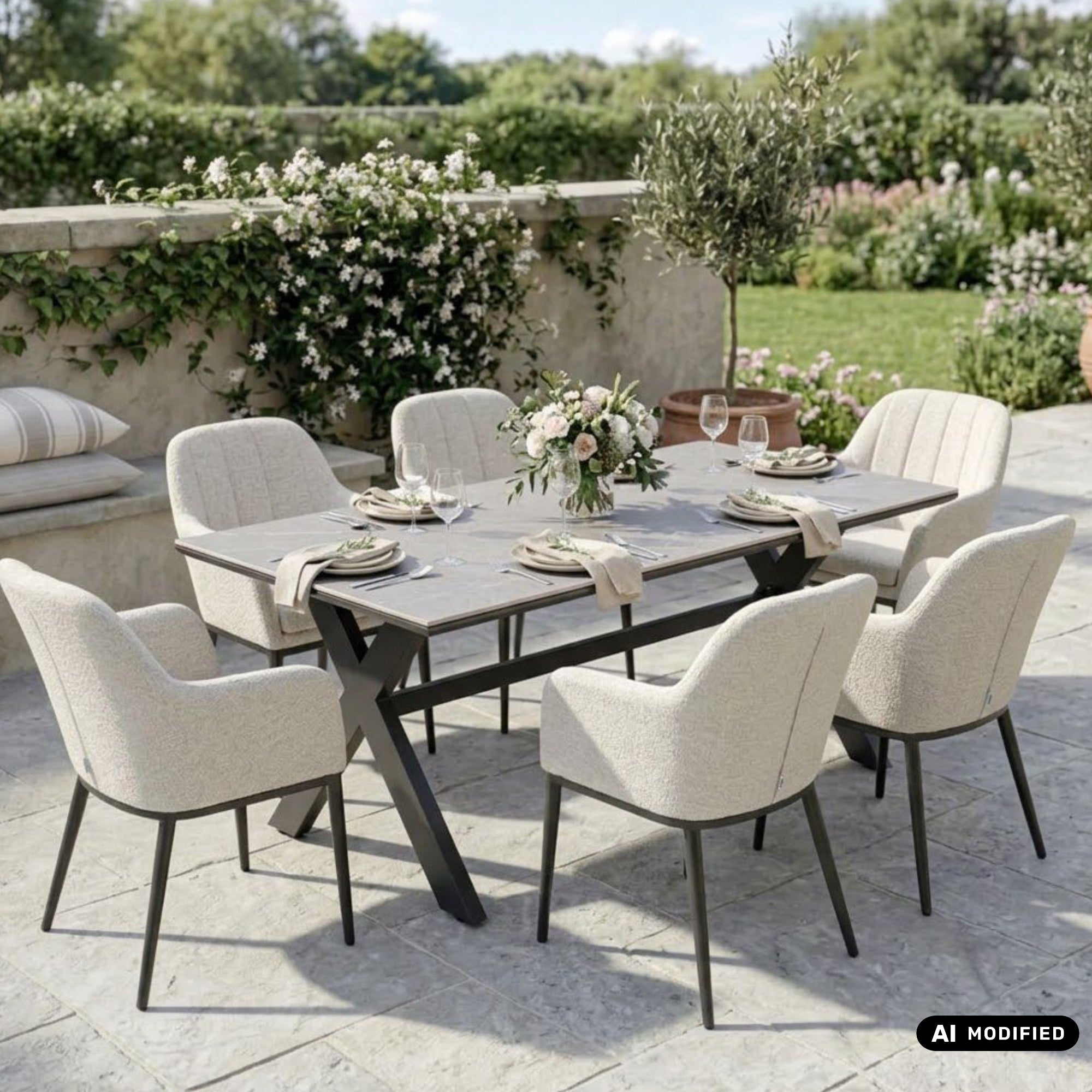 OUTDOOR DINING MIT WOHNZIMMERGEFÜHL! VELUVÉ by LIKA-TEX® Dining Set HERITAGE &amp; AVANTAGE – 6 Sessel + Sintered-Stone Tisch