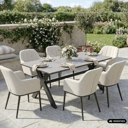 OUTDOOR DINING MIT WOHNZIMMERGEFÜHL! VELUVÉ by LIKA-TEX® Dining Set HERITAGE &amp; AVANTAGE – 6 Sessel + Sintered-Stone Tisch