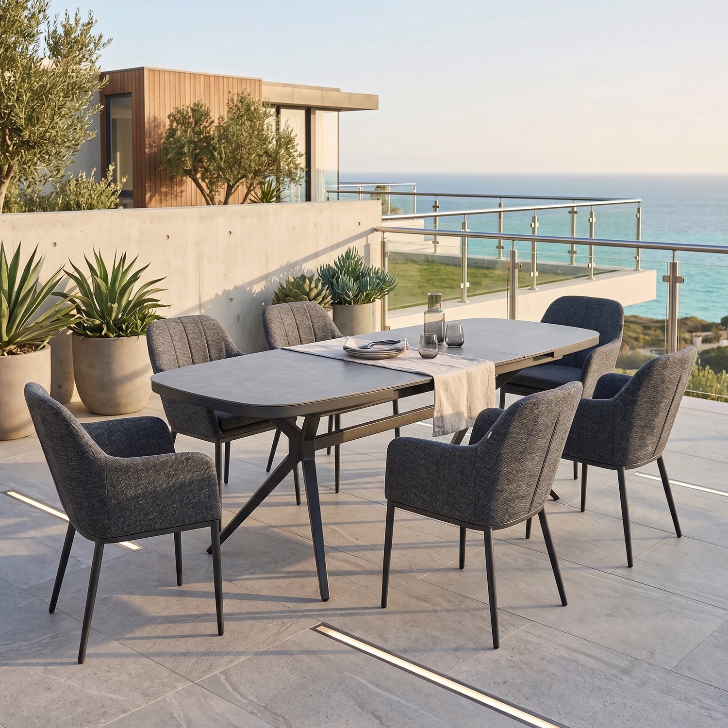 SUMMER SALE ☀️⛱️🏝️ Dining-Set AURORA Onyx – Ausziehtisch mit 6 Heritage Veluvé Sesseln - 100% wetterfest!