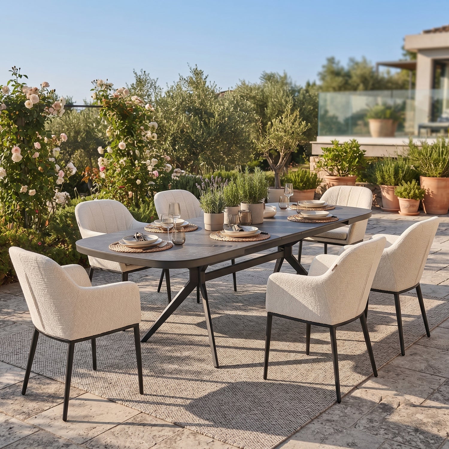 SUMMER SALE ☀️⛱️🏝️ Dining-Set AURORA Pearl – Ausziehtisch mit 6 Heritage Veluvé Sesseln - 100% wetterfest!