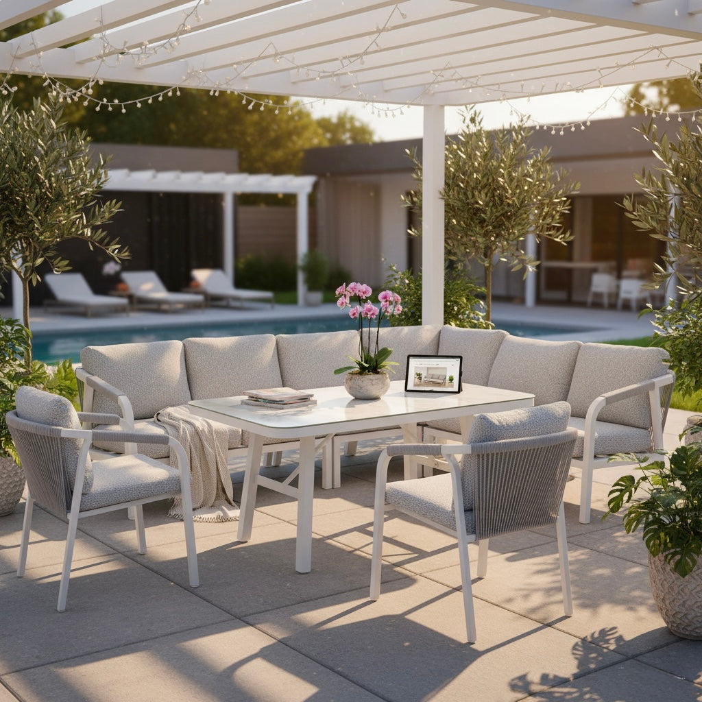 LUXUS PUR! Aluminium Dining Lounge Set Harvey inkl. 2 Sessel Off White