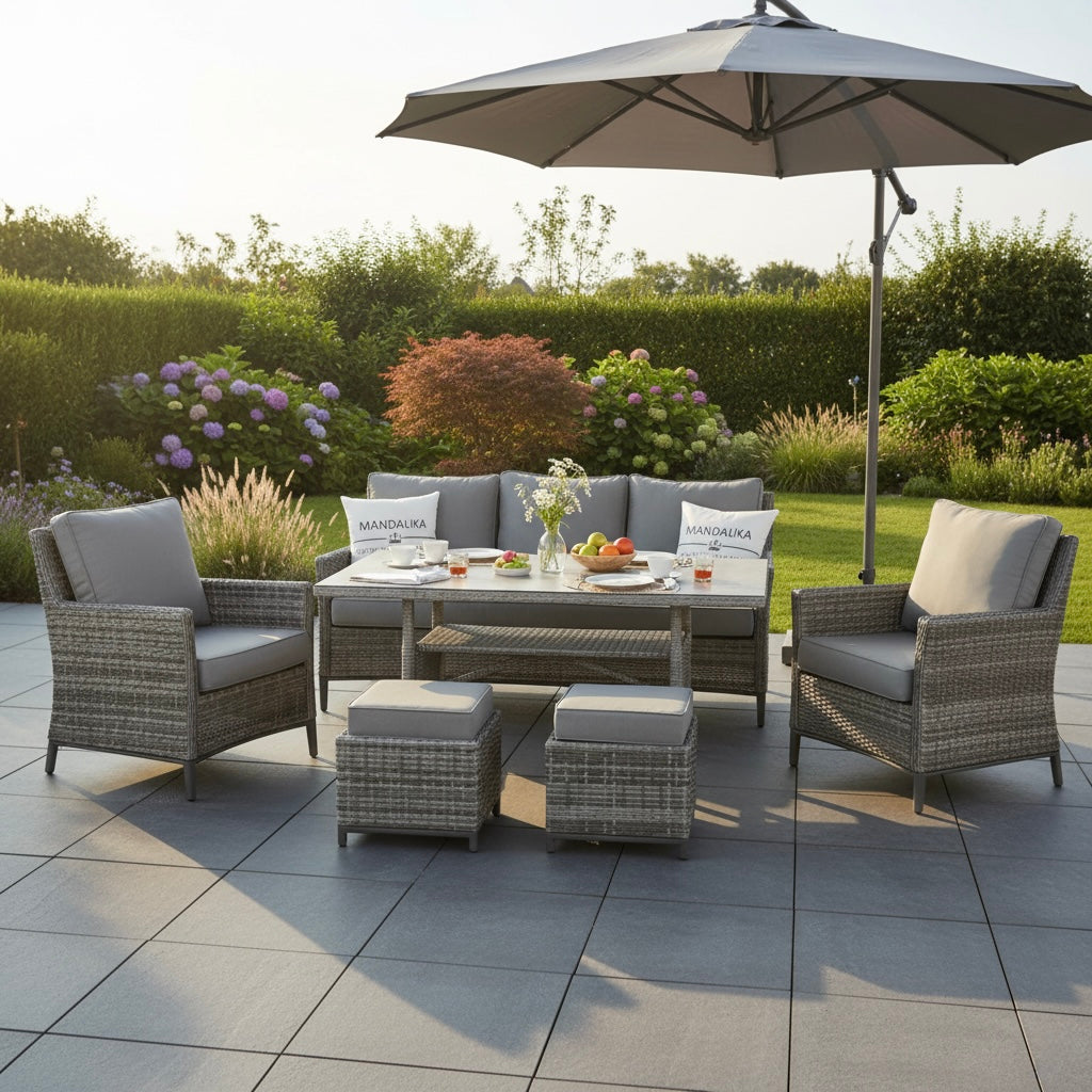 Design Dining Lounge Set Ancona in Arctic grau inkl Hocker / hoher Tisch ideal zum Speisen