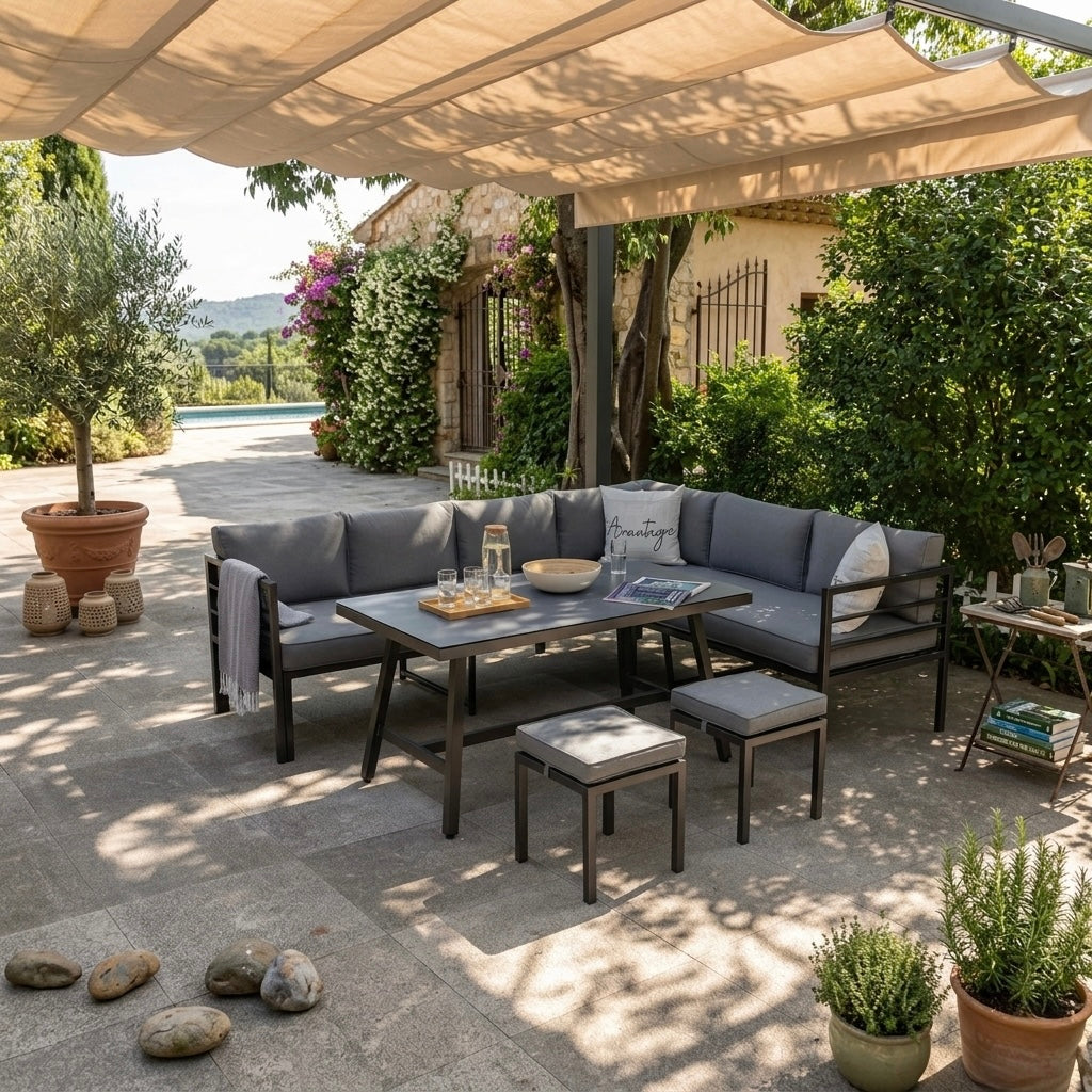 Wo Design auf Draußen trifft: Exklusive Lounge-Kultur für höchste Ansprüche - Unser Alu Dining Lounge Set Lardo mit 3in1 Funktion / Wetterfest inkl Auflagen
